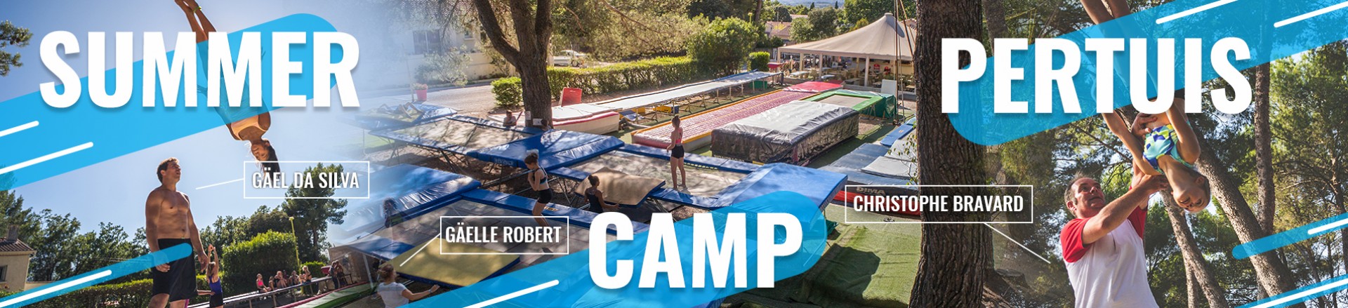 Espace trampoline Summer Camp Pertuis. On peut voir des trampolines de competions Ultimate et grands masters....